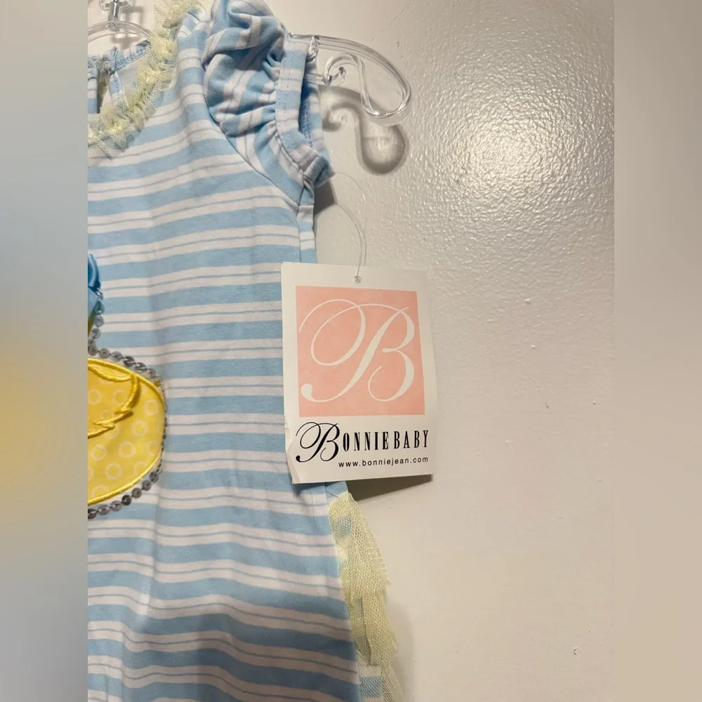 Bonnie Baby Blue Stripe Romper w/Applique Yellow Duck Size 6-9M - Picture 3 of 4